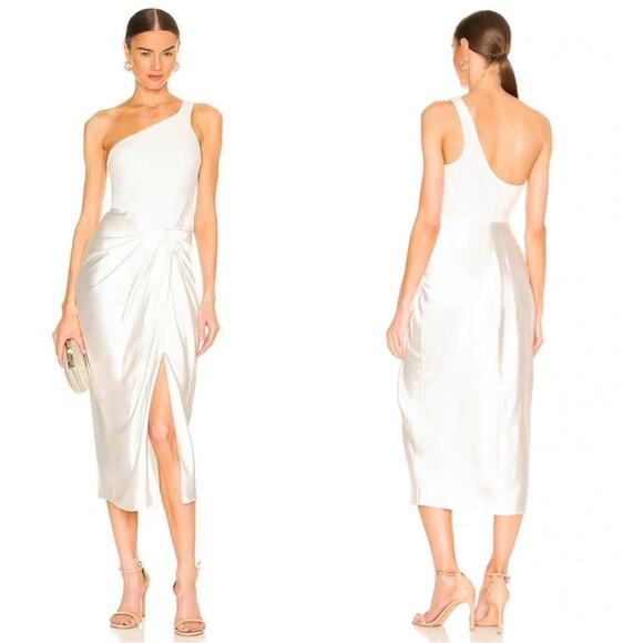 Solace London Ava One Shoulder Ruched Draped White Midi Dress Size 2 - Picture 1 of 7